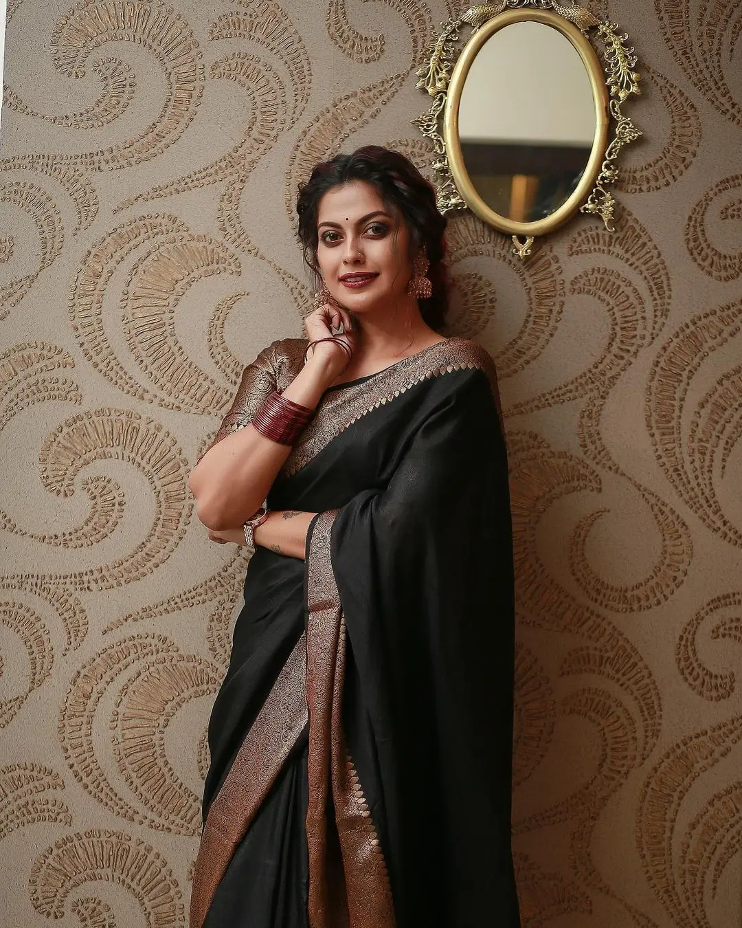 Anusree Nair Wearing Beautiful Earrings Jewellery Black Saree Blouse